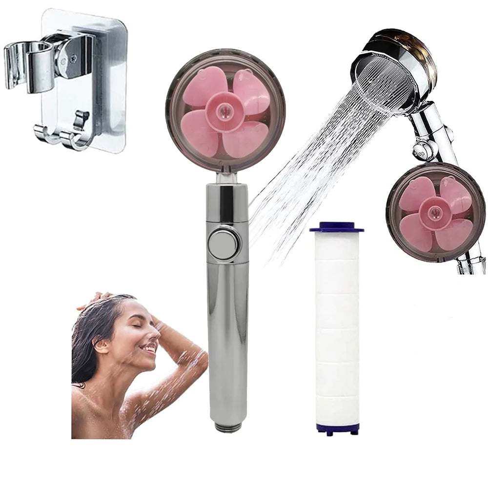 Propeller Driven Shower Head with Stop Button and Cotton Filter Turbocharged High Pressure Handheld Shower Nozzle