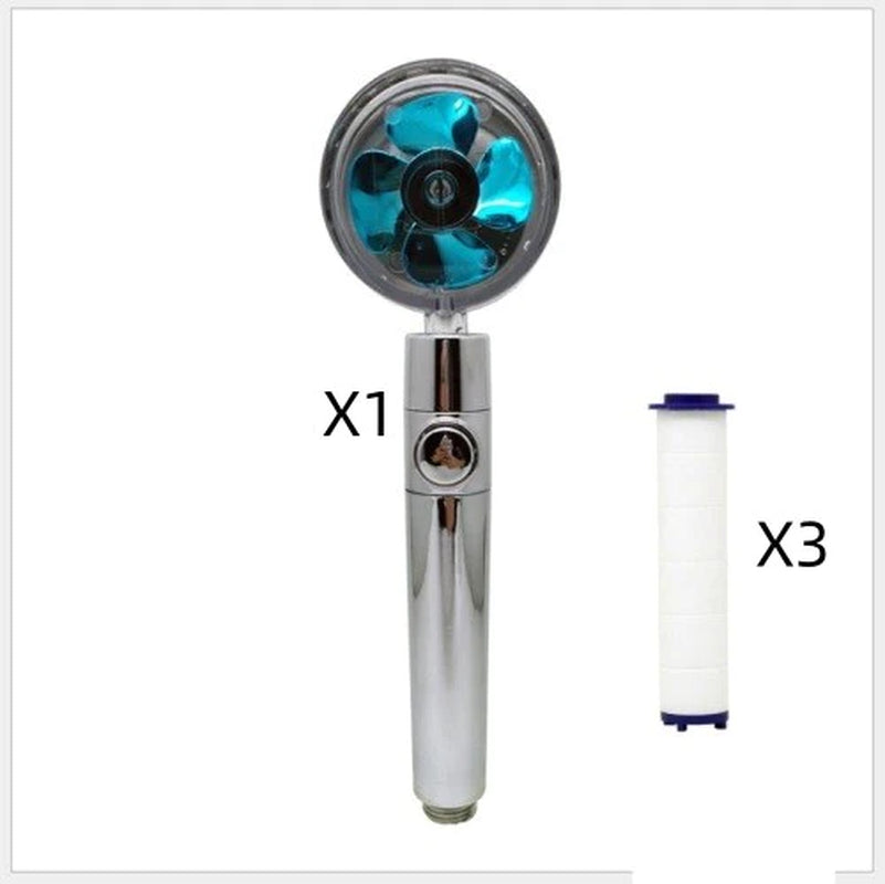 Propeller Driven Shower Head with Stop Button and Cotton Filter Turbocharged High Pressure Handheld Shower Nozzle