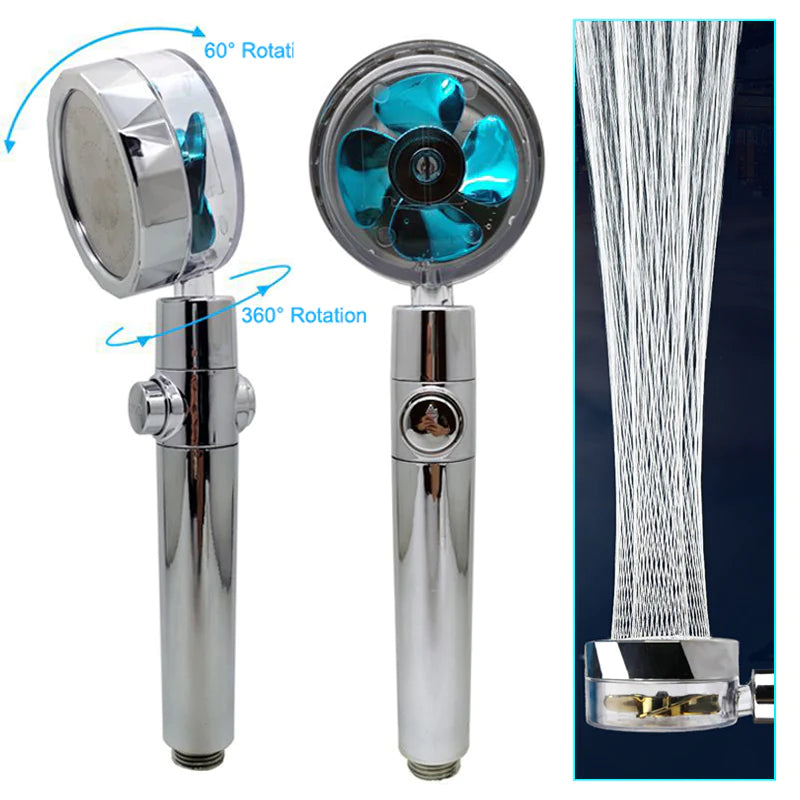 Propeller Driven Shower Head with Stop Button and Cotton Filter Turbocharged High Pressure Handheld Shower Nozzle