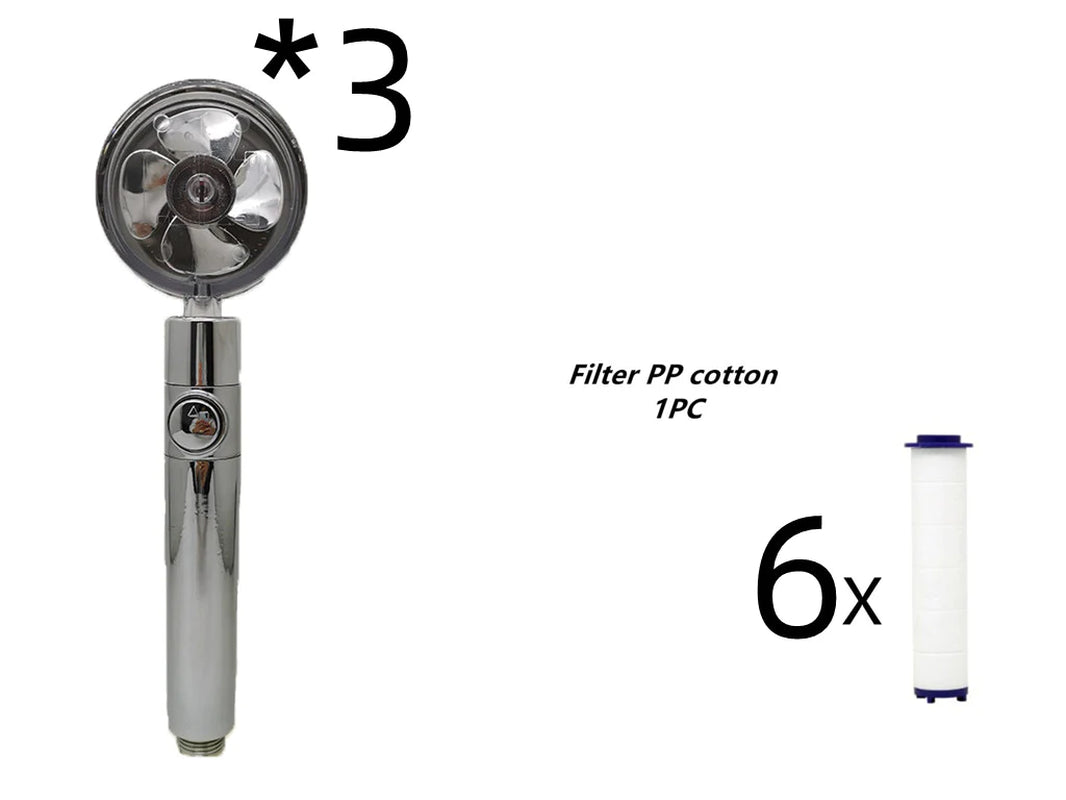 Propeller Driven Shower Head with Stop Button and Cotton Filter Turbocharged High Pressure Handheld Shower Nozzle