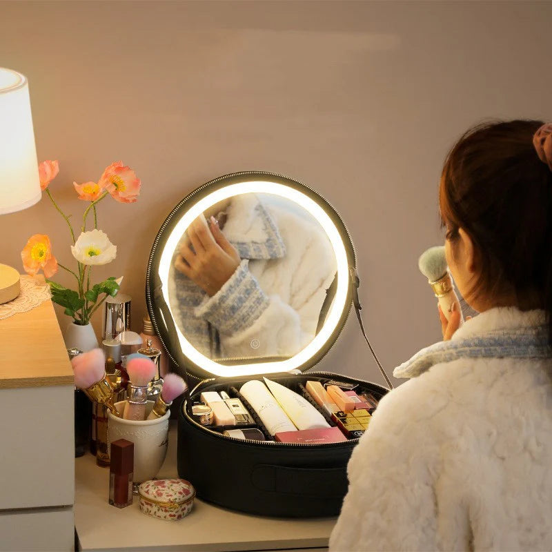 Round Smart LED Makeup Bag with Mirror Lights Women Beauty Bag Large Capacity PU Leather Travel Organizers Cosmetic Case