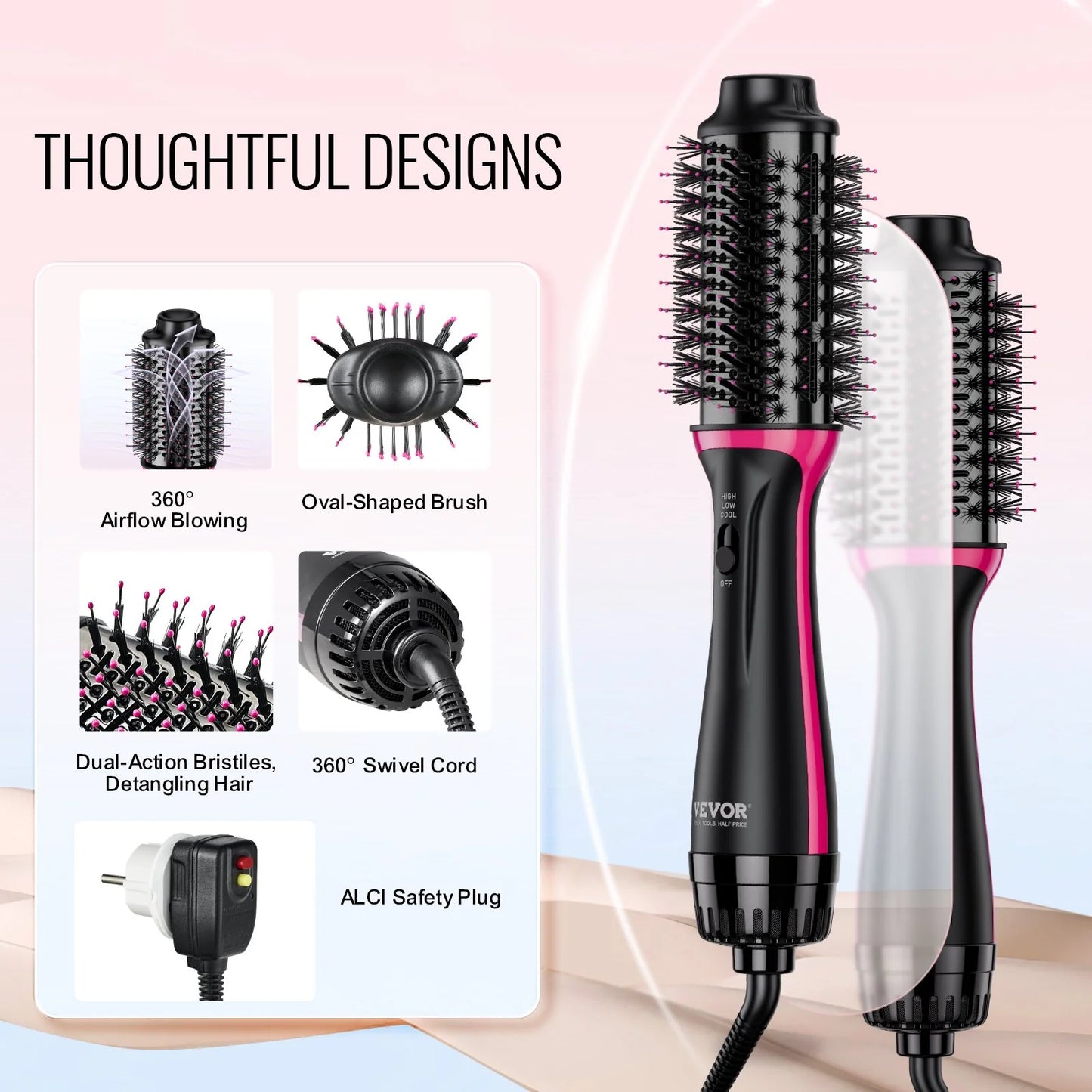 VEVOR Hair Blow Dryer Brush Dual Voltage Hot Air Styler with 2.56 Oval Barrel